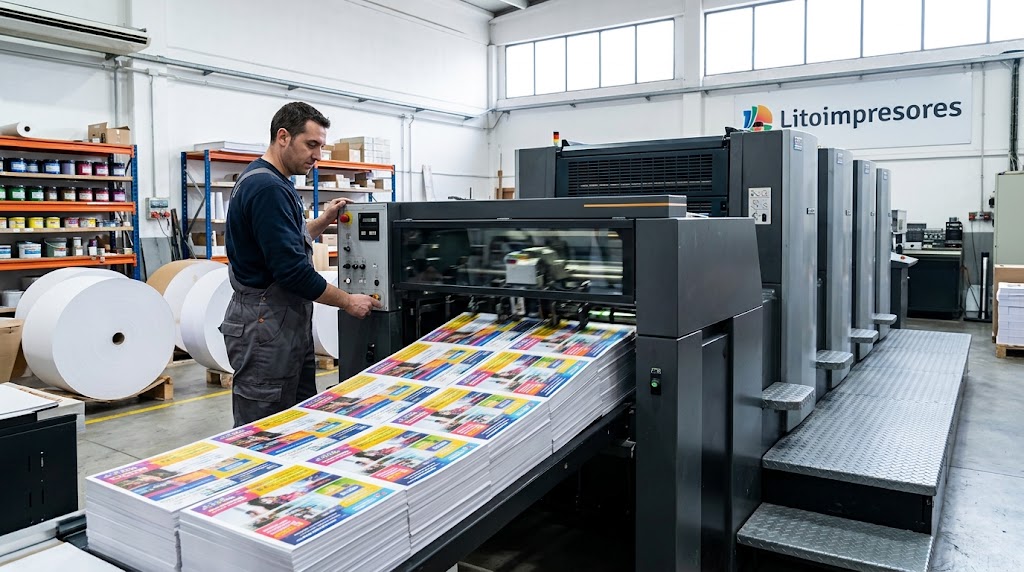 Prensa litográfica industrial Lito Impresores JM en funcionamiento